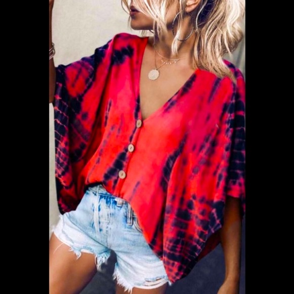 💋Sexy Deep V Neck Tie-dye Coral Red Loose Batwing Half Sleeves Button ⬇️Blouse - Picture 2 of 13